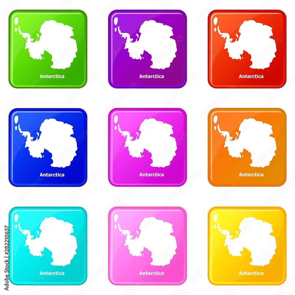 Poster antarctica map icons set 9 color collection isolated on white for any design