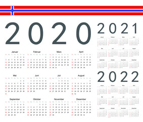 Set of Norwegian 2020, 2021, 2022 year vector calendars