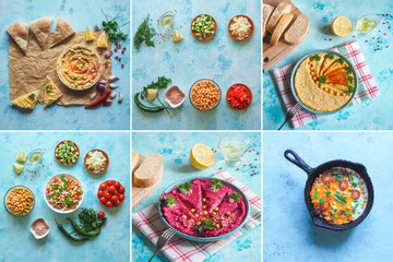 Collage with various chickpea dishes of the world cuisine