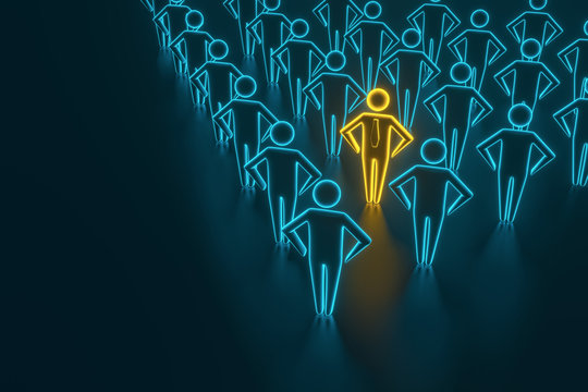 Concept leader of the business team indicates the direction of the movement towards the goal. Crowd of blue men goes for the leader of the gold color. 3D rendering