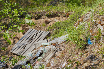 Ecological crisis. Various rubbish and garbage on the ground in the forest. pollution of nature. environmental Protection. ecology of nature.