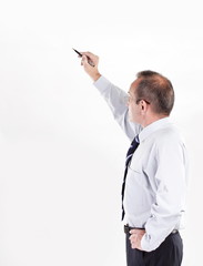 businessman showing a pencil on the copy space