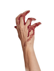Bloody hand, reaching, isolated on white. Female. © Mushy