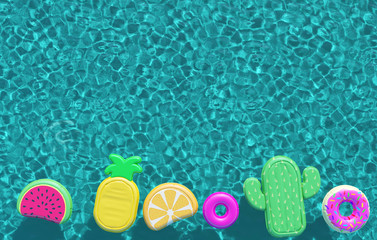 Summer swimming pool full of fun pool floats. Overhead view. 3D Rendering