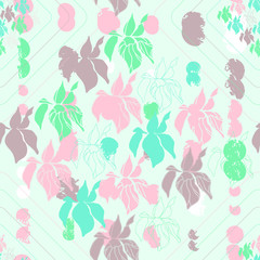 Floral vector seamless pattern with hand drawn stylized flowers, leaves, geometric shapes and abstract paint spots background. 