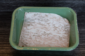 Empty packet of vegan mince with paper lining and recycled and recyclable plastic tray. Manufacturers being responsible and consumers shopping wisely can change our packaging consumption and landfill.