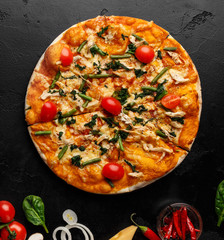 Hot pizza decorated with tomatoes and herbs, top view