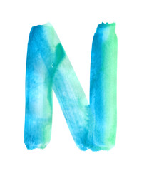 Blue and green watercolor hand drawing letter N on white background. Isolated gradient symbol of English alphabet for logo.