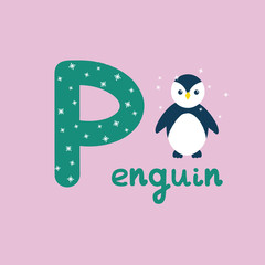 English alphabet for children education, letter P uppercase with word. Cute kids colorful ABC alphabet in cartoon style, flashcard for learning English vocabulary, vector