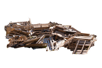 Construction waste, wooden debris from the demolition construction sites. Isolated on white...