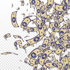 Chinese yuan notes falling. Messy CNY bills on tra
