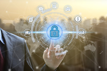 Businessman touch virtual padlock icon over the Network connection, Cyber Security Data Protection Business Technology Privacy concept