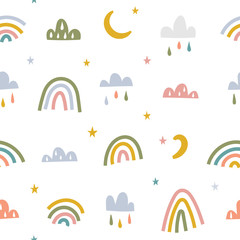 Nahtloser Hintergrund des minimalistischen skandinavischen Babythemas. Handgezeichneter Regenbogen mit Wolken und Mond in Pastellfarben. Einfache Doodle-Elemente für Babyzimmer-, Stoff- und Textildruckvorlagen