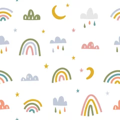Foto op Plexiglas Minimalistische Scandinavische stijl baby thema naadloze achtergrond. Hand getekende regenboog met wolken en maan in pastelkleuren. Eenvoudige doodle-elementen voor babykamer-, farbic- en textieldruksjabloon © Favebrush