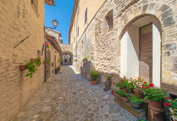 Naklejka premium Nocera Umbra (Italy) - A little charming stone medieval city on the hill, with suggestive alley and square, in province of Perugia. Here a view of historical center.