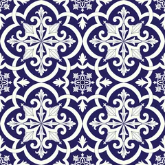 Stof per meter Mexican tile pattern vector seamless with flowers motifs. Portuguese azulejos, talavera, spanish moroccan, italian majolica or delft dutch ceramic design. Background print for wallpaper or textile. © irinelle