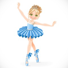 Fototapeta na wymiar Cartoon ballerina girl in blue dress dancing isolated on a white background