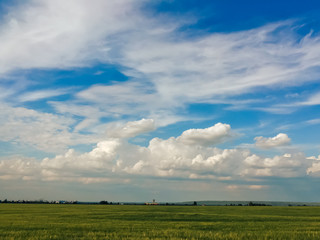 blue sky with clouds and green field