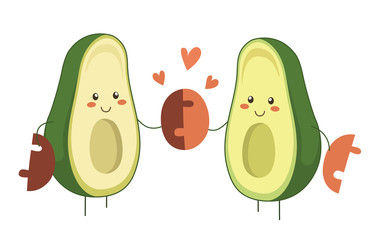 Isolated vector illustration of two cartoon avocado heroes in love holding avocado pit together. Valentine Day vector cartoon fruit character with hearts for romantic design. Perfect match