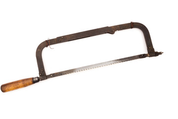 Old rusty hacksaw, isolated on white background.