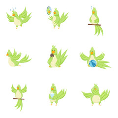 Obraz premium Set of cute adorable green parrot in different actions