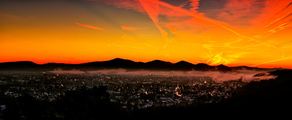 Skyline in a colorful sunrise over the Rhine Valley