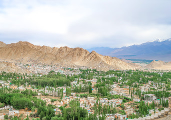 View of leh town from Shanti stupa in Leh Ladakh, India.