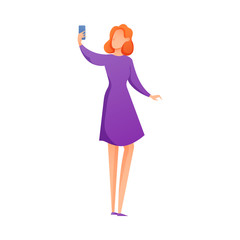 Cute red hair woman in purple dress making selfie