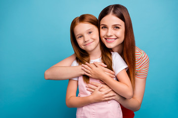 Pretty foxy small lady and her mom enjoy homecoming after summer vacation wear casual clothes...