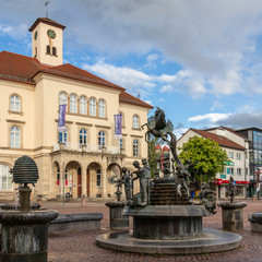 Fototapeta premium Sindelfingen, Baden Wurttemberg/Germany - May 11, 2019: City Gallery building, Stadtgalerie and market fountain.