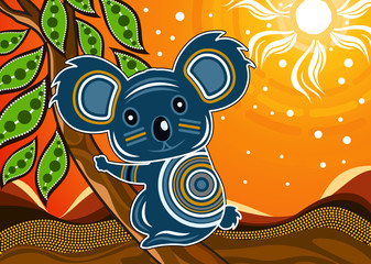 Aboriginal art vector painting with Koala bear on wood branch with green leaves. © rashmisingh