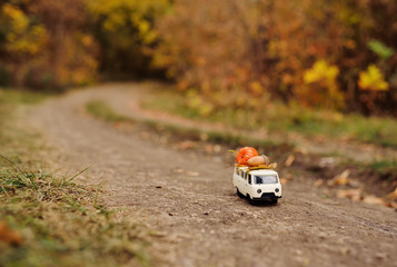 a small white toy car carries an acorn on the roof against the background of yellow autumn trees and forest. Autumn concept, Hello autumn, copy space, place for text.