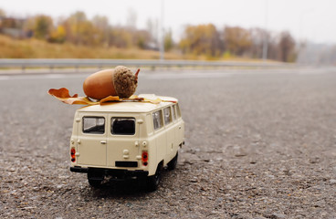 a small white toy car carries an acorn on the roof against the background of yellow autumn trees...