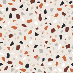 Modern terrazzo seamless pattern. Decorative granite stone texture. Hand crafted repeating tile design in natural colours for branding, textile, scrapbooking, wallpapers.Vector illustration background