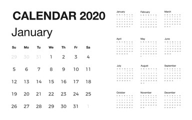 Minimalistic desk calendar 2020 year. Design of calendar with english name of months and day of weeks. Vector illustration