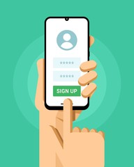 Smartphone mockup in human hand. Sign up screen in application with login and password. Vector illustration
