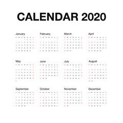 Minimalistic desk calendar 2020 year. Calendar design with english name of months and day of weeks. Vector illustration isolated on white background