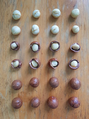 Rows of unpeeled, semi peeled, and unpeeled roasted macadamia nuts on a wooden table