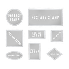 Gray postal stamp template collection with shadow. Retro blank postage stamp with perforated border. Vector illustration isolated on white background
