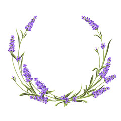 Wreath of lavender, provence region of france. The frame of bouquet for perfume label. Bunch of lavender. Vector illustration. - obrazy, fototapety, plakaty