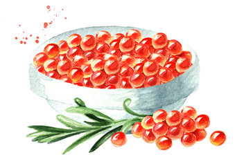 Red caviar in the bowl. Watercolor hand drawn illustration, isolated on white background