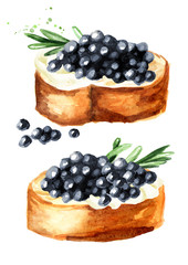 Sandwiches with black caviar. Watercolor hand drawn illustration, isolated on white background