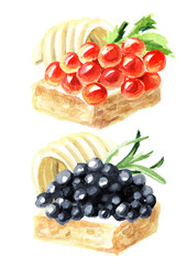 Sandwiches with red and black caviar, decorated with butter and herbs. Watercolor hand drawn illustration, isolated on white background