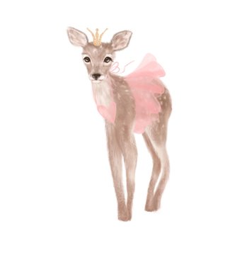 Cute deer princess with crown on white background isolated 