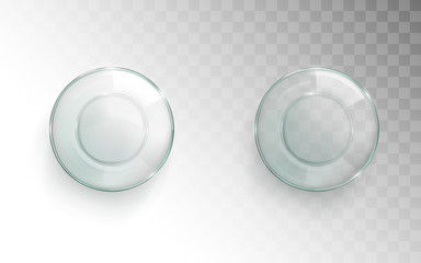 Empty glass cup top view, glassful for water set isolated on transparent background, kitchenware design element for advertising, clear container for drink. Realistic 3d vector illustration, clip art