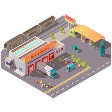 Isometric warehouse and petrol station, delivery company shipping service, logistics center with cargo trucks loading goods at parking gates, filling cars and train on railroad, 3d vector illustration