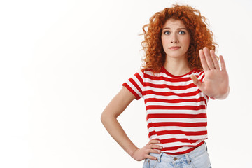 Stop it please. Concerned redhead attractive feminine female friend begging enough pull hand...
