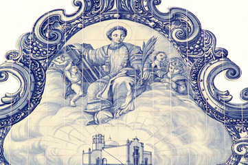 Almancil (District of Faro) Portugal. Mosaic in the exterior  of the Church of Sao Lourenço in Almancil
