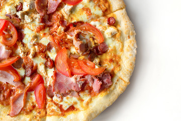 Pizza with tomatoes, bacon, on white isolated background close up. View from above.