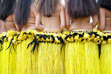 Rear view of several dancers wearing the traditional folk costume from Tahiti, French Polynesia